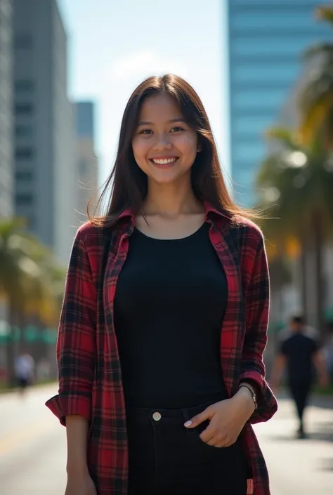 Full HDR full detail portrait seen from below of a 25 year old Indonesian girl with large breasts, nice body and long straight hair, wearing a black t-shirt layered with a flannel shirt which is clearly swished back, wearing black trousers, black jeans and...