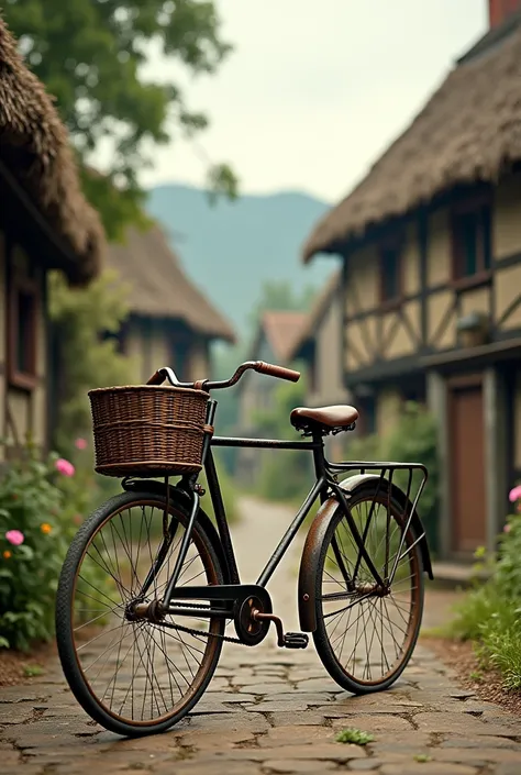 A picture like a movie poster A background is a Village backdrop side a old cycle with old kwif 