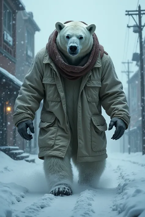 Huge polar bear, in the middle of a terrible snow storm, covered by a raincoat and a scarf; its breathing is seen suffocated by the cold of the storm; it walks along a barely lit street in a fantasy town at the North Pole; masterpiece; intrinsic details