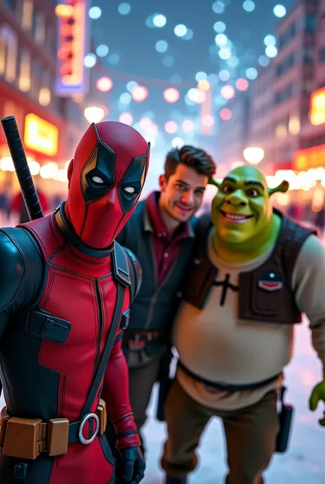 Un selfie avec Deadpool, peacemaker et Shrek dans une patinoire