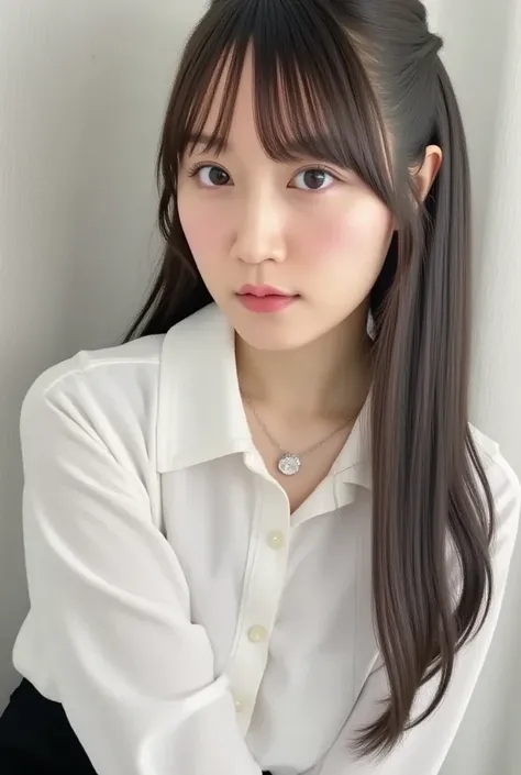 She is wearing a black short skirt, white shirt, leaning forward. Around her neck she wears a thin chain with a small pendant. Her expression is neutral and somewhat serious