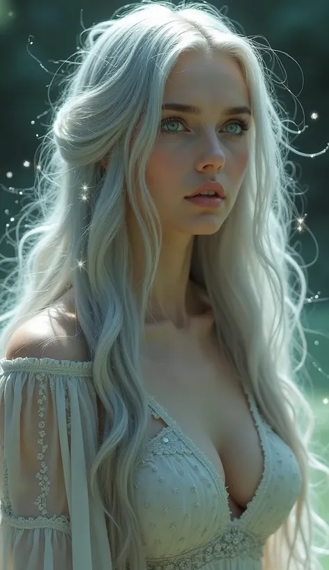 An ethereal woman gazes into the distance with wise green eyes as stars glow in her long silver locks cascading down her back. She wears a silken dress that delicately traces her hourglass curves. 