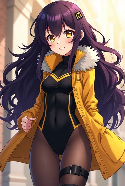 My hero academia anime girl with long big dark purple curly long hair and bright round yellow eyes with pretty eyelashes and thin eyashes shes wearing a hero outfit that consists of a black body suit with yellow accents and a yellow jacket with a furr coll...