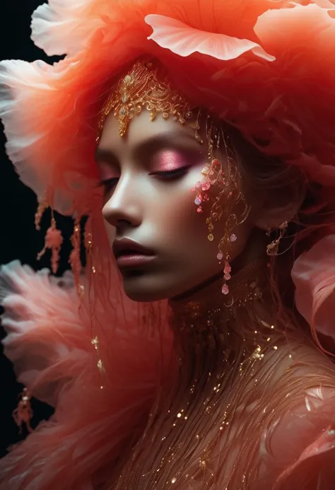 photo RAW, (Black and pink : Portrait of a ghostly jellyfish, shiny aura, highly detailed, gold filigree, intricate motifs, organic tracery, by Android jones, Januz Miralles, Hikari Shimoda, glowing stardust by W. Zelmer, perfect composition, smooth, sharp...