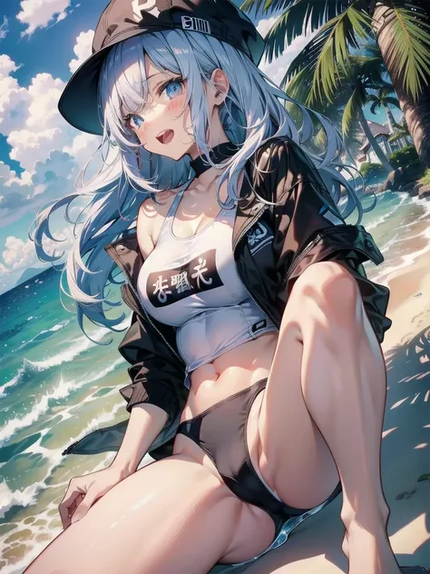  ULTRA - HIGH DEFINITION、 high quality images、 top quality 、 total limb、 perfect to your fingertips、 beautiful women、1 person、  embarrassed expression、 laughs、 school swimsuit（white）、Knee-length、 indentation 、standingn、Sprouting legs、 summer beach 、cinemat...