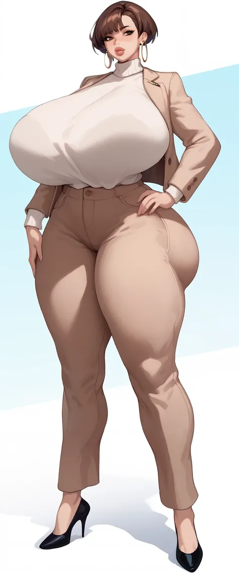 full body, Anatomically correct, Gilf, Iranian woman, high cheekbones, side bangs, 1960s flipped bob haircut, sleek hair, brown hair, big lips, glossy lips, tall, curvaceous, wide hips, massive breasts, huge ass, white turtleneck sweater, khaki pants, beig...