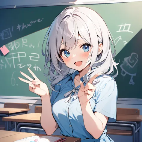  1 girl,Alone,smile, open your mouth, the cowboy shot,,teacher,Chalkboard,classroom, top quality ,Light blue clothes,