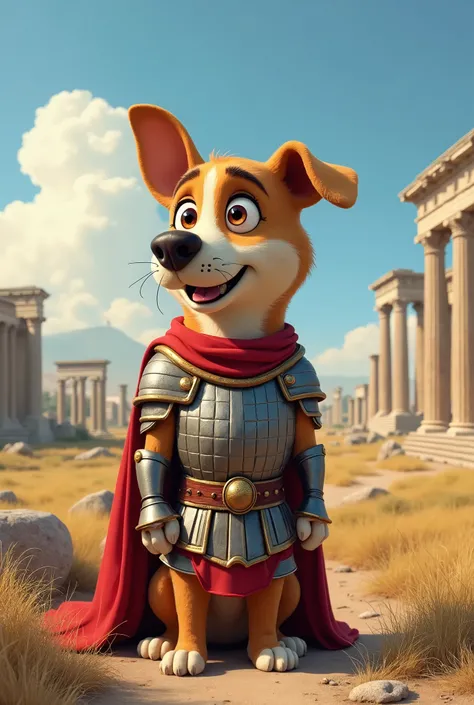 A landscape with Roman ruins and fields ,  in the distance, a Dreamworks-style cartoon dog, depicted in full-length Roman armor in the middle of a field full of Roman ruins