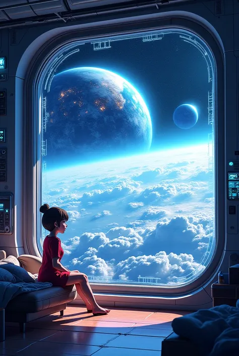 A space room with a window looking like this at Earth anime version