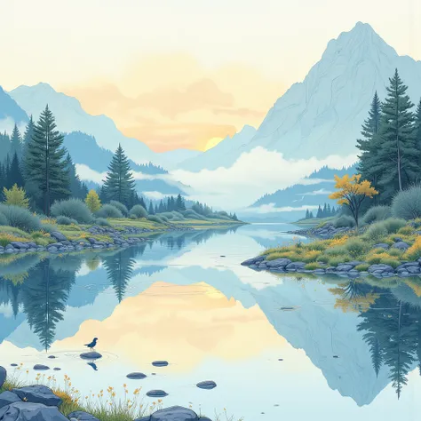 (masterpiece:1.2,Outstanding quality,Mirror finish, Best Illustration ),8k,16k,wallpaper,(Quiet Lake),(morning haze),(Quiet Lake畔の森の影),(A cuckoo is croaking ),(Watercolor),( Dynamic ),( beautiful gradation),(Tranquility VFX )