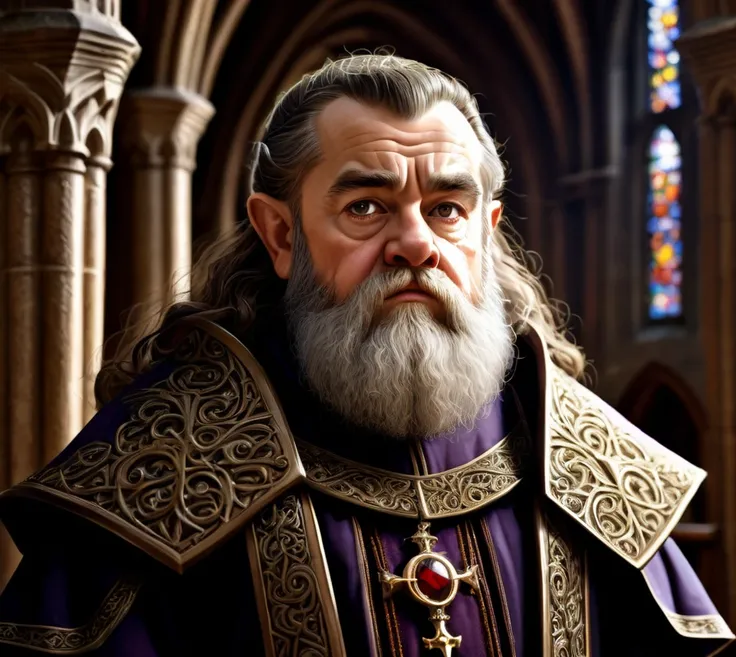 a dwarf man in a priest outfit standing in a church, detailed face, medieval, fantasy