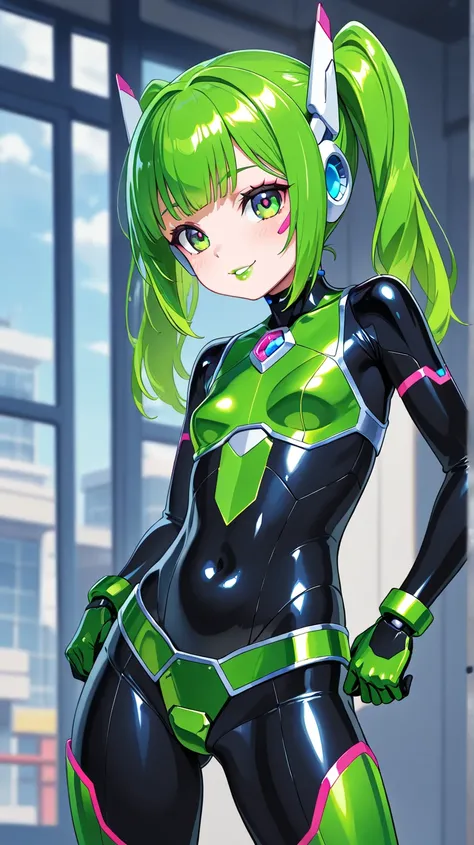 plastic hair, twintails, full lips, lip filler, lipstick, (loli:1), (shiny green metallic  robot body:1), coloured trim, robot ears covers, smile, (small breasts:1),Infront  spaceship window, eye shadow, crotch plate