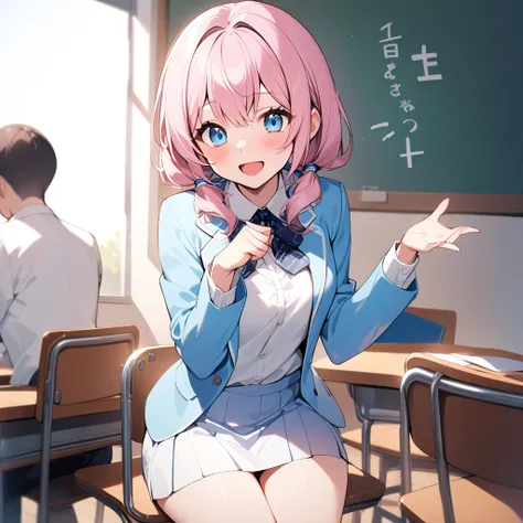  1 girl,Alone,smile, open your mouth, the cowboy shot,,teacher,Chalkboard,classroom, top quality ,Light blue clothes,、 Girl with pink hair 、 blue eyes、 twin drill,