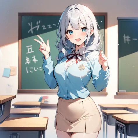  1 girl,Alone,smile, open your mouth,, the cowboy shot,,Light blue clothes,teacher,Chalkboard,classroom, top quality , beige tight skirt ,