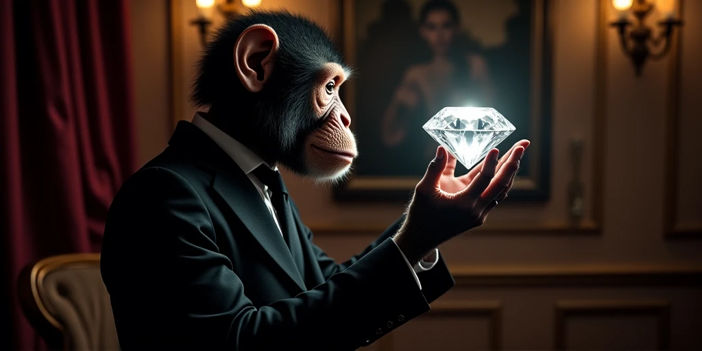 A monkey man in an expensive classic black suit looks at a bright huge diamond in a dark expensive room