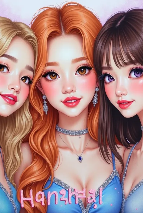  A Korean drawing of 3 female pop artists, the first , has wavy long strawberry blond hair, and fairy-like makeup, the second is on the left side she is a female pop artist with styled and dyed blond hair, makeup, smiling,she has a small rose tattoo on her...