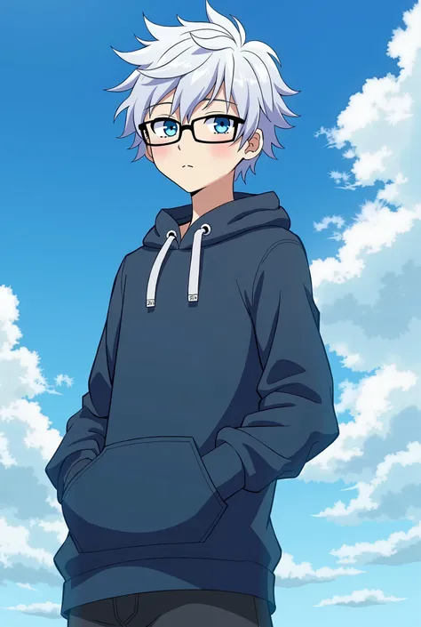 
anime boy with glasses and a hoodie standing in front of a blue sky, an anime drawing inspired by Okumura Togyu, trending on pixiv, shin hanga, anime moe artstyle, anime boy, high quality anime artstyle, tall anime guy with blue eyes, young anime man, ani...