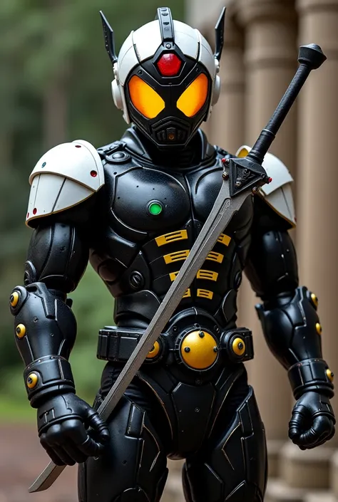 Tokusatsu villain /  black metal helmet  /  with white upper parts / Black visors /  red gem on forehead /  glowing yellow eyes inside the visor /  full black metal armor  /  small square shoulder pads / vertical green yellow buttons in the middle of the c...