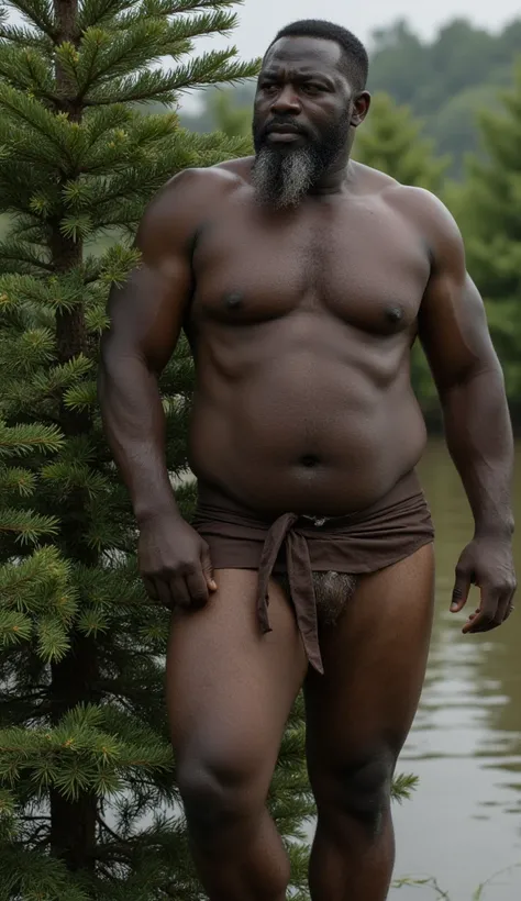 A realistic photo of a robust gay-bear middle-aged muscular black Nigerian man leaning against a Christmas tree in a swamp. He has chiseled, defined muscular shoulders, chest, arms, and legs. He has a grey beard and wears a thin brown loin cloth around his...