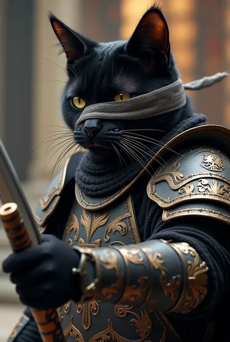 Anthropomorphic unrealistic black cat sectarian in medieval armor ,with a cloth bandage on his right eye and a katana in his hand  