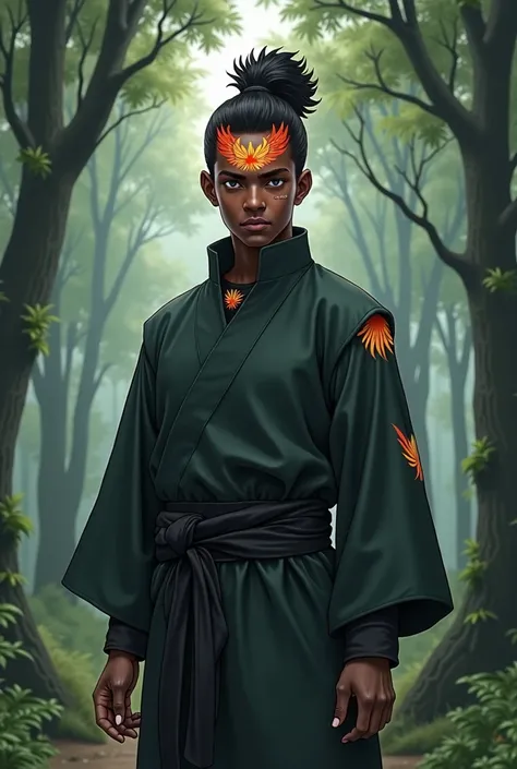 Imagine a young black man wearing konoha hidden village outfits with the phoenix forehead protector 