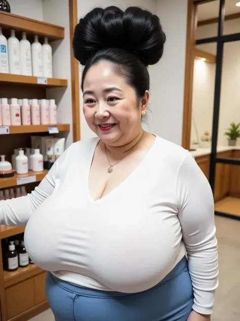 8k,Best Quality, masterpiece,  ultra high resolution,(masterpiece:1.6, Best Quality),  intricate details,Middle-aged woman in her 50s, Japanese, full body,  On the head, (( a mature woman wearing a huge bun hair , Big Hair Bun :1.5)),(( Jet Black Hair )), ...