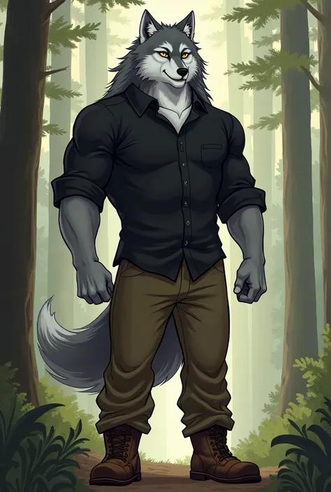 Anthropomorphic wolf drawn in the Bara style, he wears a black button-down shirt, dark brown pants with brown shoes, his body fur is light gray, eyes are yellow, his long hair is dark gray and the character is very muscular and stocky, he is calm and eate ...