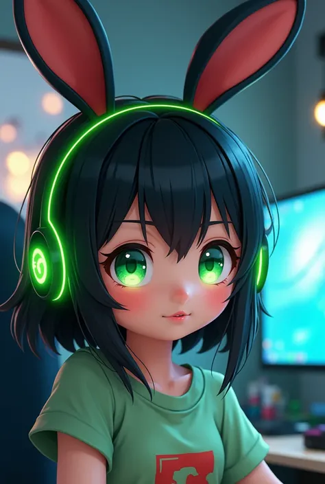 Cute anime gamer girl with green headset, black hair with black bunny ears and green eyes