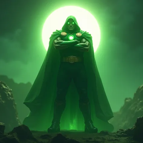 Doctor Doom, da Marvel Comics,  floating in space with arms crossed ,  with the same emerald green glow as Green Lanterns from DC Comics. Behind him is the sun shining