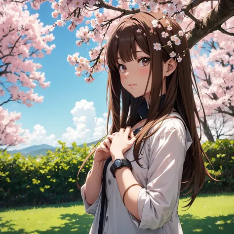 Anime girl with brown hair watches trees bloom in spring