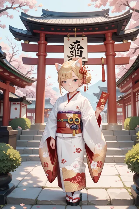  1 girl,Cat ears,  shortcuts,Blonde, small tits, New Year, kimono, light clothing, girl,shrine, high res, masterpiece, accurate,  top quality ,  textured skin , 