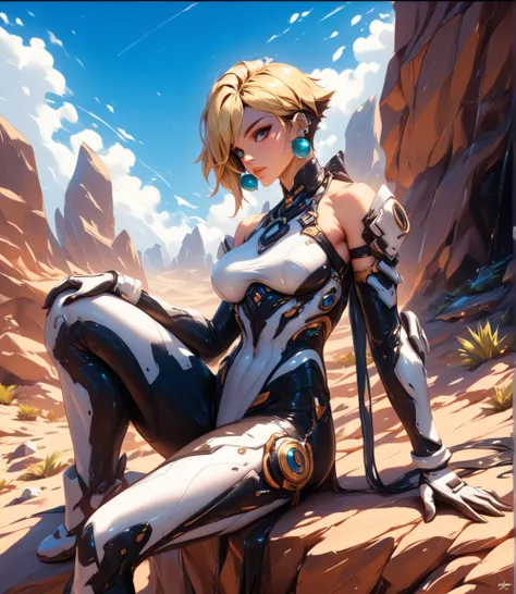 inked comic illustration in dd artstyle, a blonde woman with dark empty black eyes sitting on a rock in a vast desert landscape. She is wearing a sleek, form-fitting white bodysuit with matching gloves. She has a short hairstyle as she gazes into the dista...