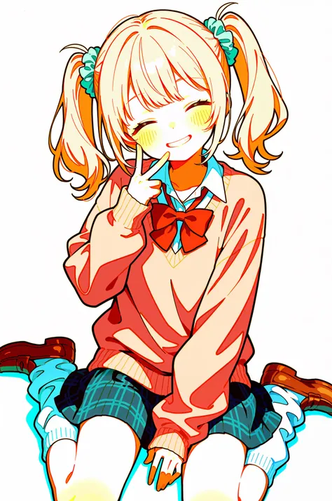 (watercolor:0.4),(pastelcolor:0.4),1girl,pale-blonde hair, closed  eyes smile, (twintails),blush,grin,v near face,Scrunchie,red bowtie,light brown sweater,plaid skirt,loose socks,loafers,head tilt,sitting,(wariza),pastel hues,(white backgroud:1.2),straight...