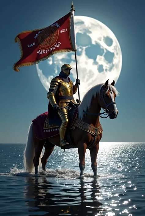 The image shows a purebred Arabian horse, distinguished by its beauty and graceful movements, and a strong knight standing above it, wearing golden armor studded with jewels, and holding in his hand a flag with the AL BAIRAQ emblem in the middle, embroider...