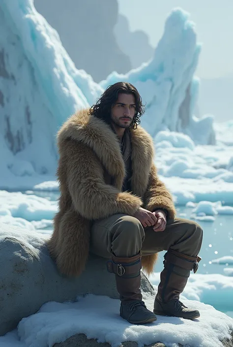  a young guy is sitting on a rock in a lion-skin coat,  with a curvy collar on the backgrounds - in the middle of the ice , icebergs and ice 