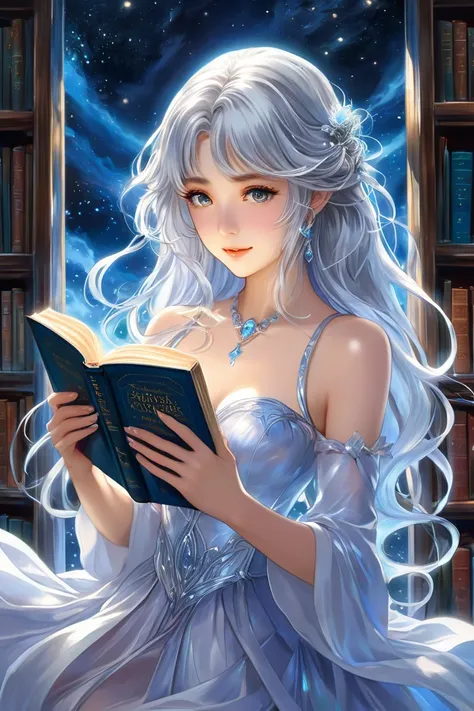 A luminous silver-haired anime lady elegantly flips through a book in a magical library. at night. Her flowing locks cascade around her ethereal features as she delves into the enchanting world of literature. This scene is depicted in a captivating paintin...