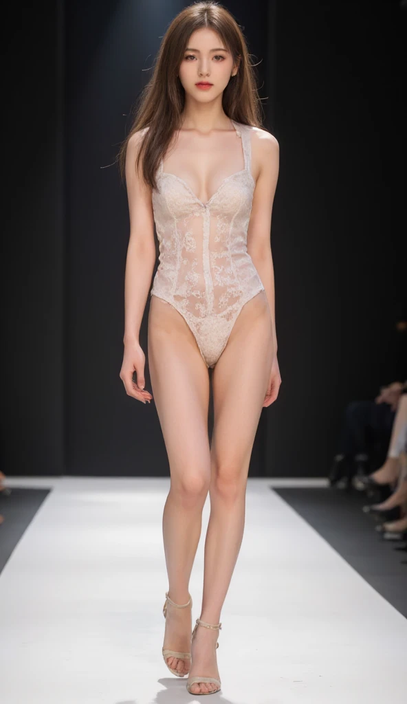 A stunning Russian model ,wearing diamond beige bodysuit  , highlighter , lipstick,  long hair,A energetic French actress strutting down the stage at New York Fashion Week,A mediocre pair of high heels with simple detailing and a new ,from side