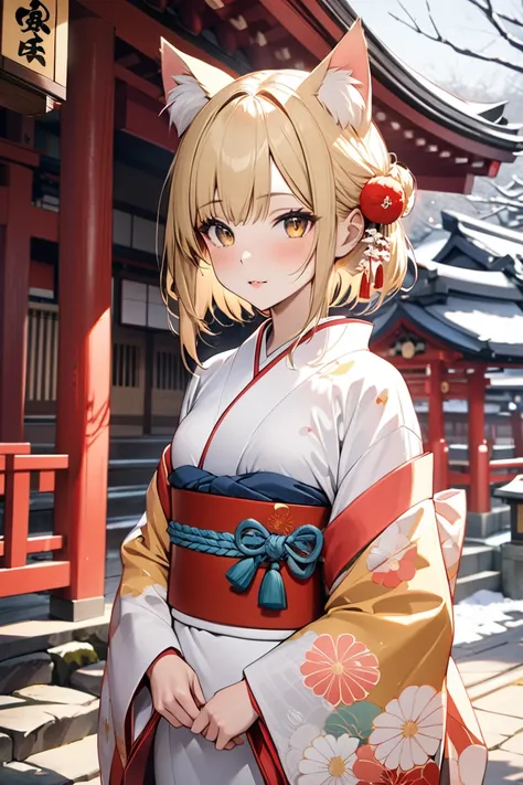  1 girl,Cat ears,  shortcuts,Blonde, small tits, New Year, kimono, light clothing, girl,shrine, high res, masterpiece, accurate,  top quality ,  textured skin , 歯を見せて笑う, 