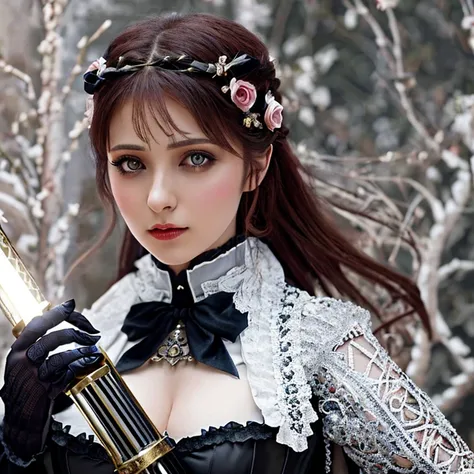 aliya_kiss_xl, full body 1 Female assassin. Victorian fantasy era clothing. Cleavage. Highly detailed beautiful expressive eyes. Detailed face. Holding a cosmic infused electric sword with leather wrapped handle. Bold colors, awe-inspiring. Epic atmosphere...