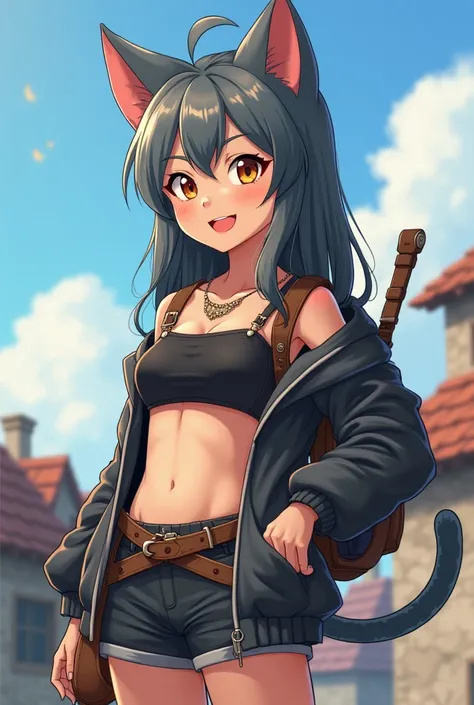 I draw an anime girl at the age of ten
With Azan and Zil, there is a gray cat in a poor village wearing a short tube top, a jacket without sleeves with a thin banner and short pants. Make her hold a leather bag and bow with angry eyes and a smiling mouth w...