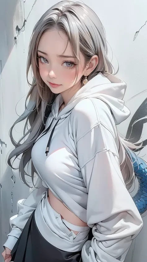 top-quality、Top image quality、​masterpiece、teens girl((Black underwear、White hoodie with open chest、Black skirt、18year old、 Ager、Best Bust、big bast,Beautiful light blue eyes, Long silver hair、A slender,Large valleys、Reflecting the whole body、Leaning forwar...