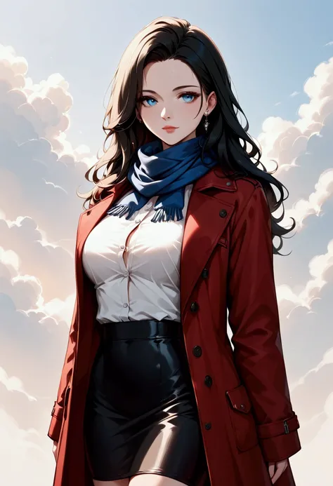 score_9, score_8_up, score_7_up, score_6_up, score_5_up, score_4_up, b(black and white art: 1.5) mostly black and white, , a picture of a beautiful woman, long hair hair, blue eyes, wearing red trench coat, wearing a skirt, wearing white button shirt, wear...