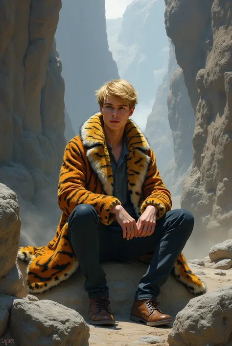 The guy is young (A 20-25 year old blonde ) sits on a rock in a tiger cheetah fur coat in the middle of the rocks, against the backdrop of rocks