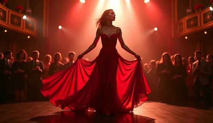 gothic dancer, red dress, red lips ,cabaret, in the theater, extreme details, photorealistic, cinematic, masterpiece, people in the crowd dancing, dramatic light behind the dancer