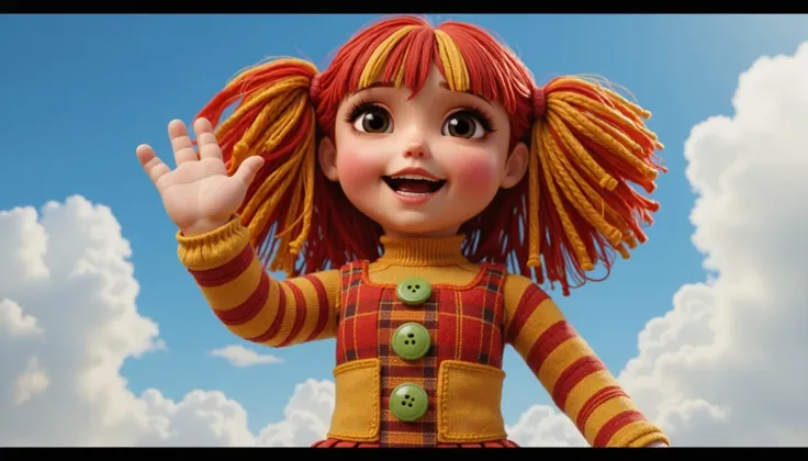 Inspired by Disney Pixars 3D movies, in
High quality and resolution, Rich in detail, create the image of a rag doll with hair handcrafted with thick strips of fabric, alternating in yellow and red colors, with bangs and reaching up to the neck, she has the...