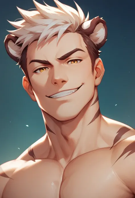 Tiger Furry, male, muscular, sexy, naked, headshot, looking at viewer, short hair, alluring, smirk