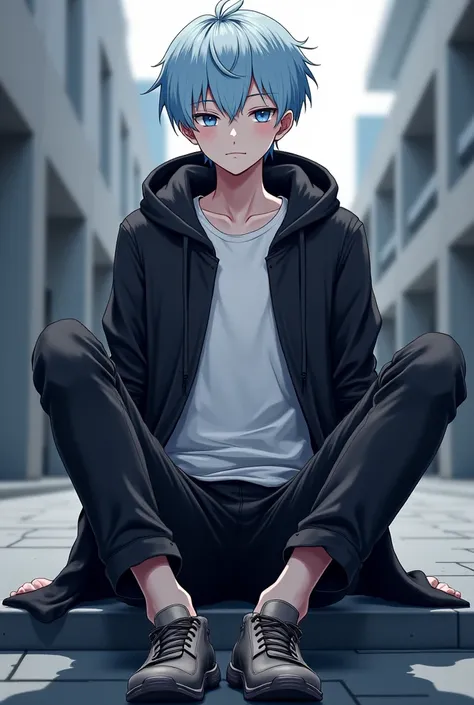 Felboy boy who shows soles of his feet,  focus on the foot , white t-shirt ,  black hooded jacket, There are bangs between the eyes, short hair, light blue hair , pantalones negros