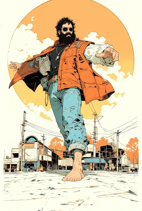  A sturdy bearded man with a black beard of presence dances brilliantly barefoot,com asas in the,  Im falling to the ground , poster art,  Silkscreen poster , arte de Marvel and DC comics style , Graphic details, Promotional Art, poster illustration, illus...