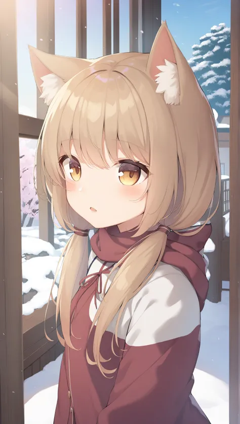 1girl, , long hair, low twintails, fuzzy twintails, light brown hair, cat ears, animal ear fluff, cat eyes, bedroom, window, cherry blossoms, winter,snow, morning, portrait, upper body