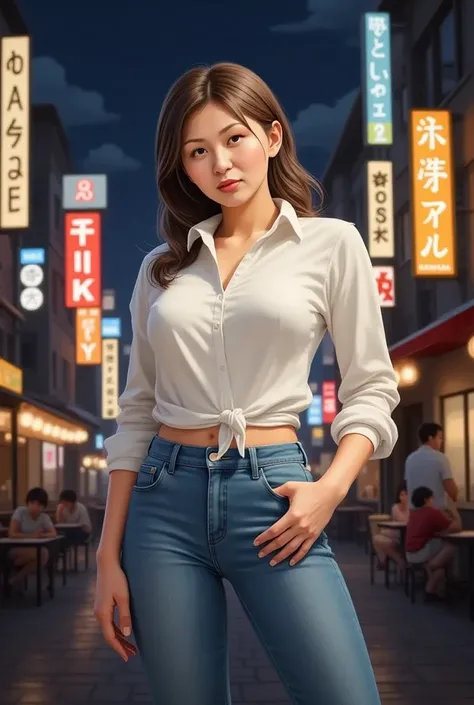 In the dimly lit street at night, a woman stands out against the backdrop of neon signs and illuminated storefronts. Her attire is casual yet striking - a white blouse with long sleeves that contrast with her denim jeans. The blouses high neckline adds an ...